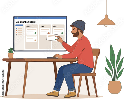 A man interacts with a large computer monitor displaying a drag-and-drop board at a wooden desk in an office.