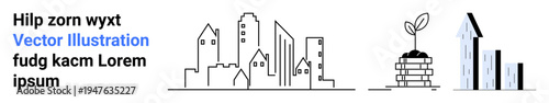Urban development, financial growth, sustainability, investment, economic progress, urban planning. Minimal city skyline, plant sprouting on stacked coins ascending bar chart. Financial growth