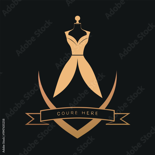 An elegant golden dress form with decorative flourishes and a banner reading coure here