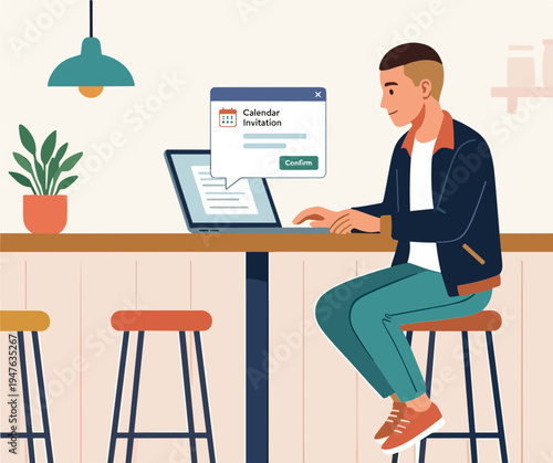 Man sitting at counter with laptop and calendar installation on screen indoors