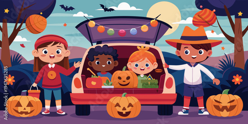 Trick or trunk. Children celebrating Halloween in trunk of car. Boy and girl with red pumpkins celebrating traditional October holiday outdoors. Social distance and safe alternative