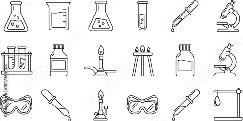 Laboratory chemistry equipment line icons set including beaker flask test tube microscope dropper burner goggles vector collection