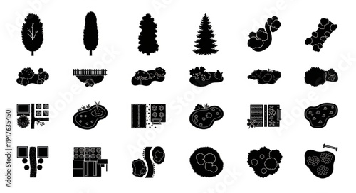 Silhouetted Tree and Bush Collection for Landscape Design.