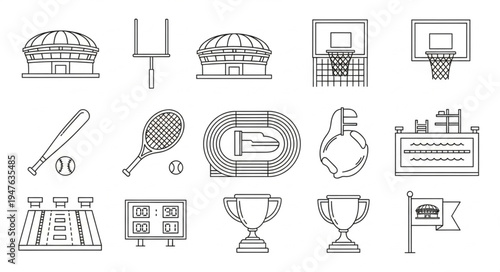 Collection of Sports Equipment and Venues in Detailed Line Art.