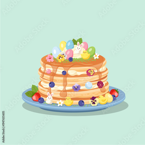 Easter Pancakes Stack with Colorful Eggs, Cute Bunnies and Chicks Illustration