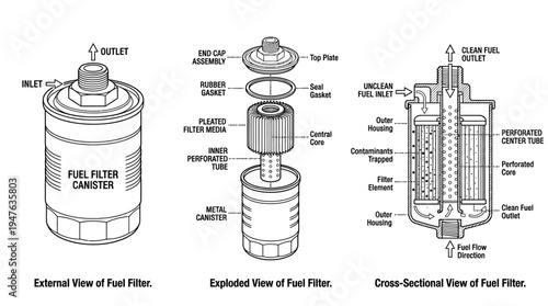 Fuel Filter Assembly External Exploded and Cross-Sectional Views