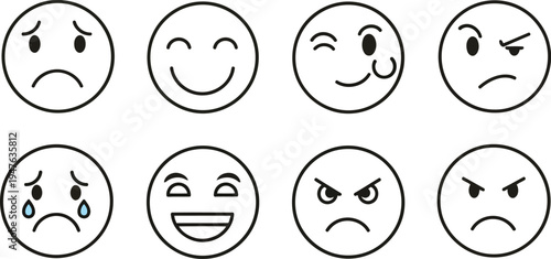 Collection of expressive line art emoji icons showing different moods isolated on transparent background