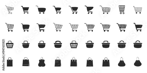 Shopping cart, basket, bag icon set. Linear shop icon set. 