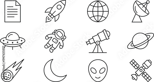 Black and white line of space and symbols line space rocket spaceship astronaut