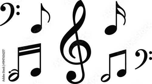 Set of black musical notes including treble clef bass clef and eighth notes for music theory education song composition and sound design