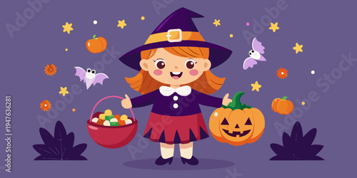 Little cute girl in witch costume holding jack-o-lantern pumpkin bucket with candies and sweets. Kid trick or treating in Halloween holiday.
