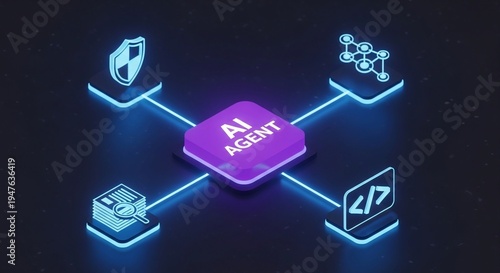 AI workflow automation artificial intelligence agent software interface, 3D isometric illustration of a glowing purple central hub labeled AI Agent connected by neon blue lines to four digital icons r