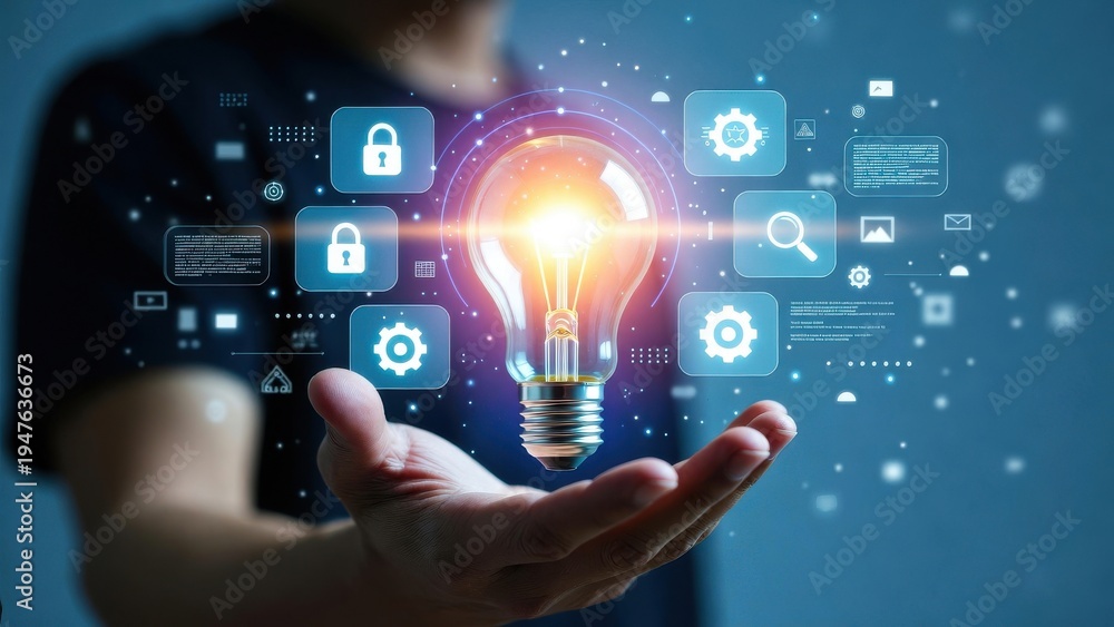 Fototapeta premium Innovative technology concepts illuminated by a glowing light bulb in a hand.