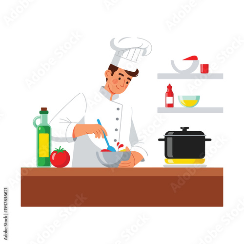 A professional cartoon gourmet chef in a restaurant kitchen wearing a white uniform and hat while cooking food with a pan for a pizza menu vector illustrationA professional cartoon gourmet chef in a r