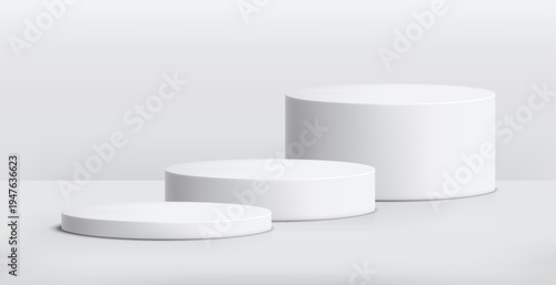 Round podium platform for product presentation. Minimal pedestal stage for display, showcase, advertising, branding. Modern design concept. Vector illustration. Realistic 3D scene mockup. White color.