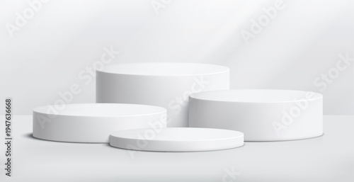 Round podium platform for product presentation. Minimal pedestal stage for display, showcase, advertising, branding. Modern design concept. Vector illustration. Realistic 3D scene mockup. White color.