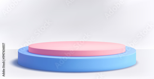 Round podium platform for product presentation. Minimal pedestal stage for display, showcase, advertising, branding. Modern design concept. Vector illustration. Realistic 3D mockup. Blue, pink color.