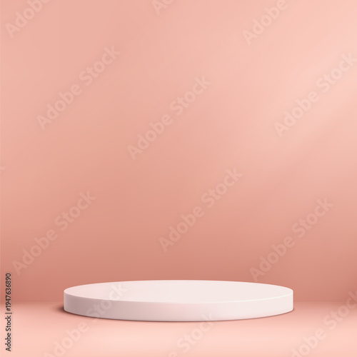 Round podium platform for product presentation. Minimal pedestal stage for display, showcase, advertising, branding. Modern design concept. Vector illustration. Realistic 3D scene mockup.