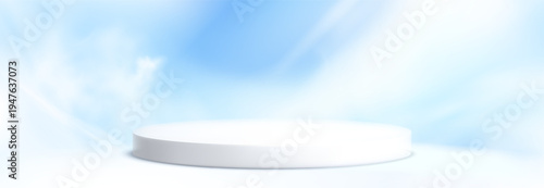 Round podium platform for product presentation. Minimal pedestal stage for display, showcase, advertising, branding. Sky and clouds background. Vector illustration. Realistic scene mockup. White color