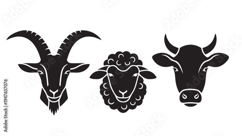 Black silhouettes of goat, sheep, and bull heads on white background for animal and livestock concepts