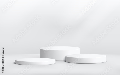 Round podium platform for product presentation. Minimal pedestal stage for display, showcase, advertising, branding. Modern design concept. Vector illustration. Realistic 3D scene mockup. White color.