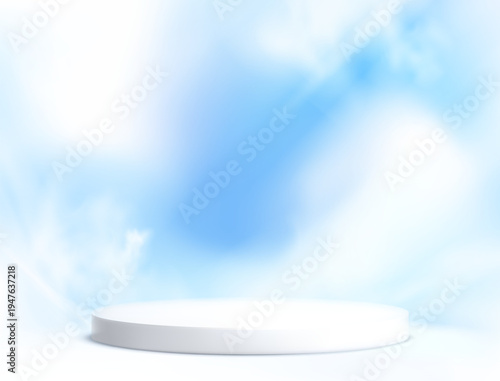Round podium platform for product presentation. Minimal pedestal stage for display, showcase, advertising, branding. Sky and clouds background. Vector illustration. Realistic scene mockup. White color