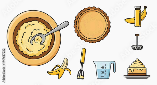 Baking a delicious banana cream pie with utensils and ingredients on a kitchen counter