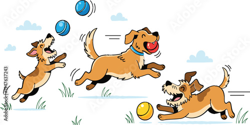 Cartoon Illustration of Playful Dogs Running and Fetching Balls for Pet, Animal, and Fun Outdoor Activity Themes