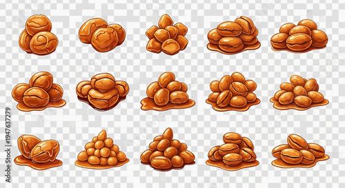 A collection of various piles of walnuts on a surface in a still life arrangement.