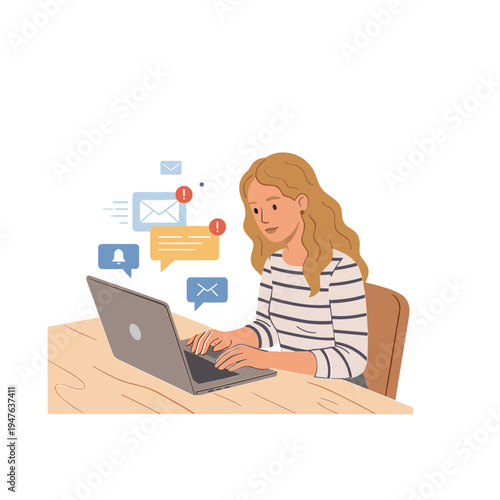 Woman sitting at desk working on laptop with notification icons floating above