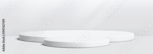 Round podium platform for product presentation. Minimal pedestal stage for display, showcase, advertising, branding. Modern design concept. Vector illustration. Realistic 3D scene mockup. White color.