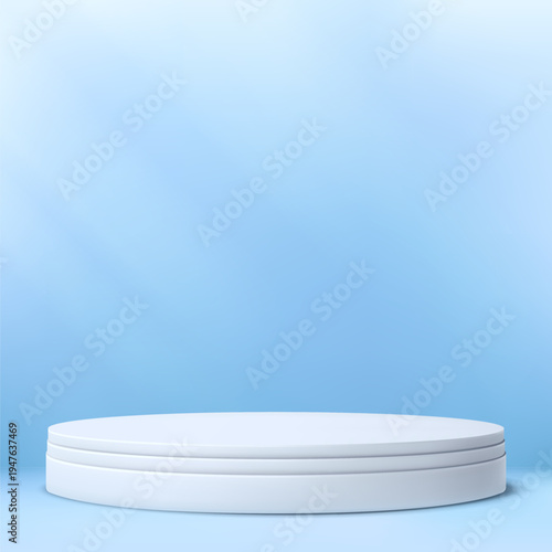 Round podium platform for product presentation. Minimal pedestal stage for display, showcase, advertising, branding. Modern design concept. Vector illustration. Realistic 3D scene mockup. Blue color.