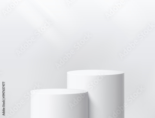 Round podium platform for product presentation. Minimal pedestal stage for display, showcase, advertising, branding. Modern design concept. Vector illustration. Realistic 3D scene mockup. White color.