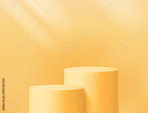 Round podium platform for product presentation. Minimal pedestal stage for display, showcase, advertising, branding. Modern design concept. Vector illustration. Realistic 3D scene mockup. Yellow color