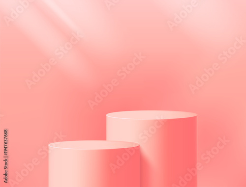 Round podium platform for product presentation. Minimal pedestal stage for display, showcase, advertising, branding. Modern design concept. Vector illustration. Realistic 3D scene mockup. Pink color.