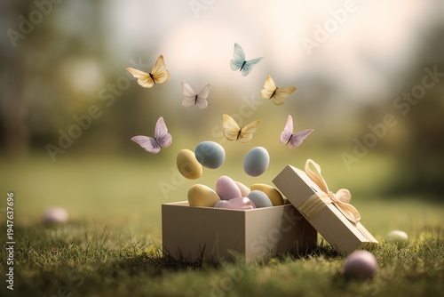 Easter eggs in gift box with butterflies