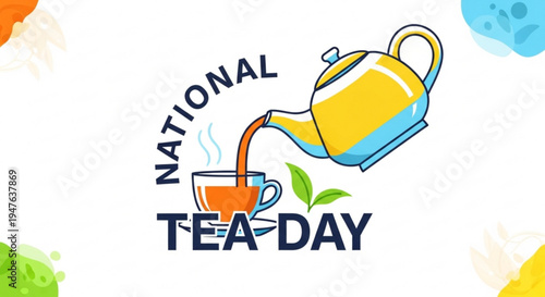 National tea day celebration with tea pouring from yellow teapot into cup on white background