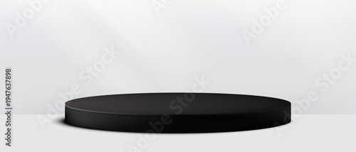 Round podium platform for product presentation. Minimal pedestal stage for display, showcase, advertising, branding. Modern design concept. Vector illustration. Realistic 3D scene mockup. Black color.