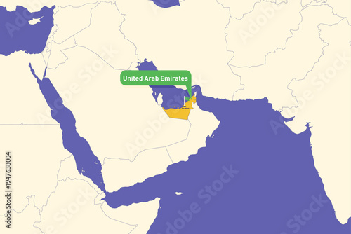 Highlighted infographic map illustration of United Arab Emirates, ideal for education, travel guides, and geography presentations.