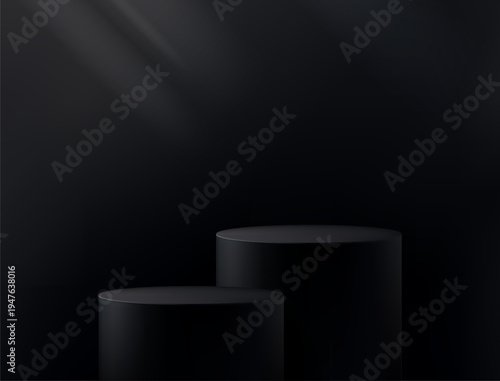 Round podium platform for product presentation. Minimal pedestal stage for display, showcase, advertising, branding. Modern design concept. Vector illustration. Realistic 3D scene mockup. Black color.