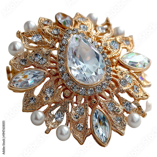 Ornate golden jewelry with a large gemstone surrounded by pearls and smaller gems