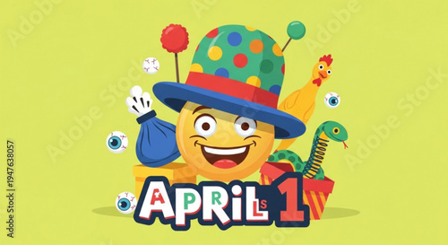 Colorful cartoon character wearing hat celebrating april fools' day with balloons and gifts on yellow background