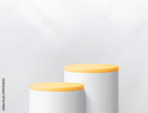Round podium platform for product presentation. Minimal pedestal stage for display, showcase, advertising, branding. Modern design concept. Vector illustration. Realistic 3D scene mockup. Yellow color