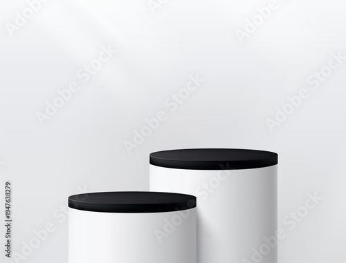 Round podium platform for product presentation. Minimal pedestal stage for display, showcase, advertising, branding. Modern design concept. Vector illustration. Realistic 3D scene mockup. Black color.