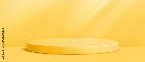 Round podium platform for product presentation. Minimal pedestal stage for display, showcase, advertising, branding. Modern design concept. Vector illustration. Realistic 3D scene mockup. Yellow color