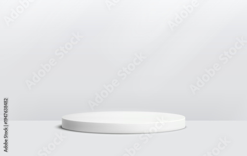 Round podium platform for product presentation. Minimal pedestal stage for display, showcase, advertising, branding. Modern design concept. Vector illustration. Realistic 3D scene mockup. White color.