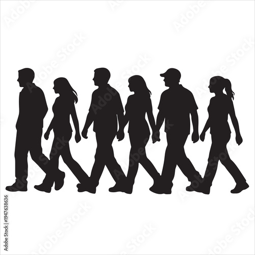 Set of 6 people walking silhouettes vector