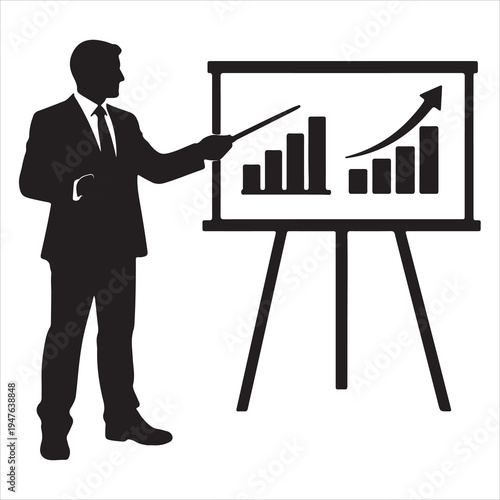 Vector silhouette of businessman presenting graph on easel