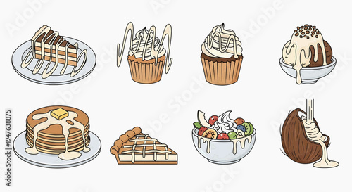 Delicious desserts and sweet treats are arranged on plates and in bowls.