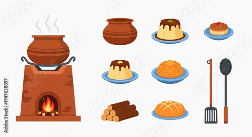 Traditional clay oven setup with assorted sweet pastries and utensils on display